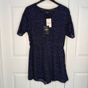 J. NNA Navy and White Polka Dot Lined Romper Size Large